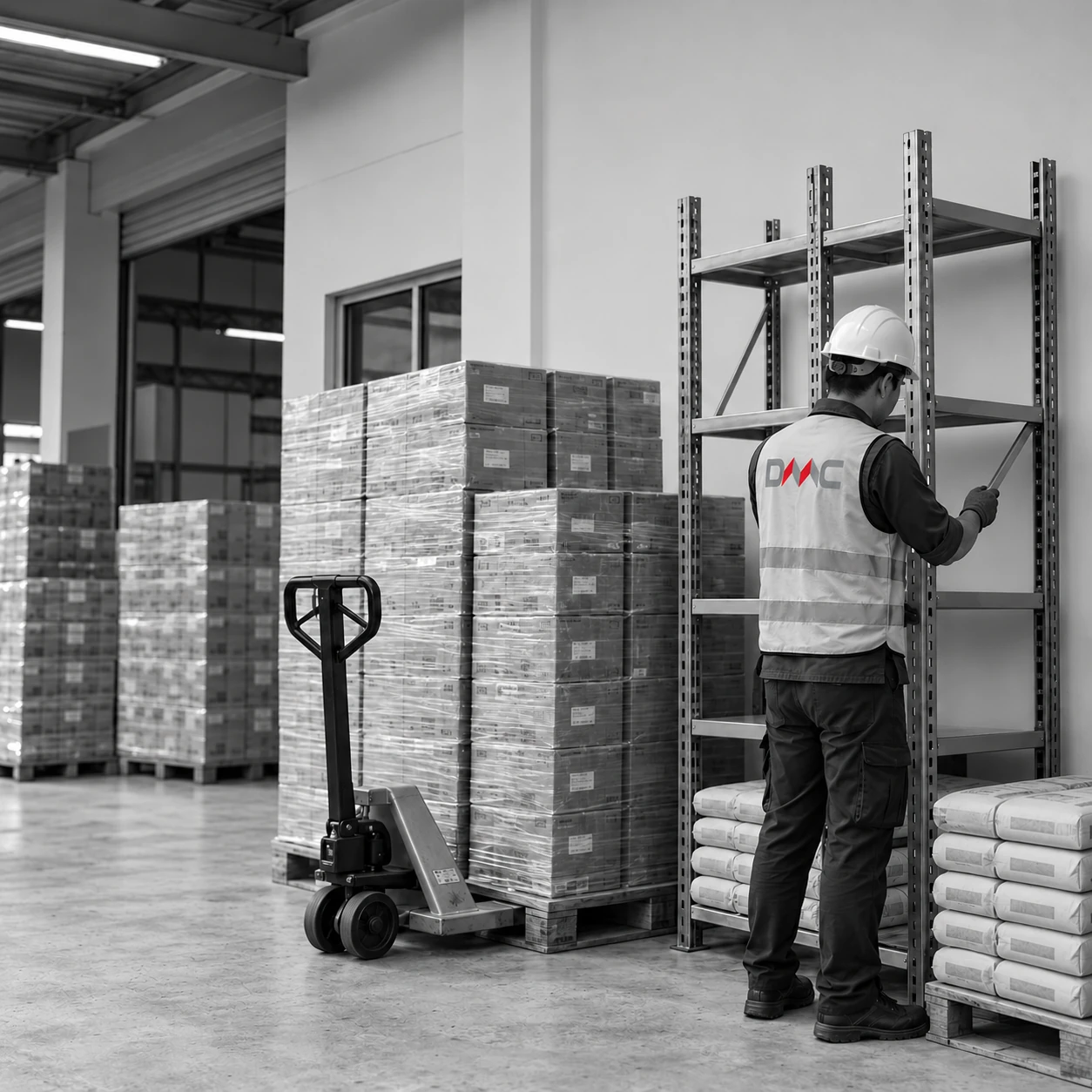 Illustration of one DMC worker assembling storage racks beside building materials