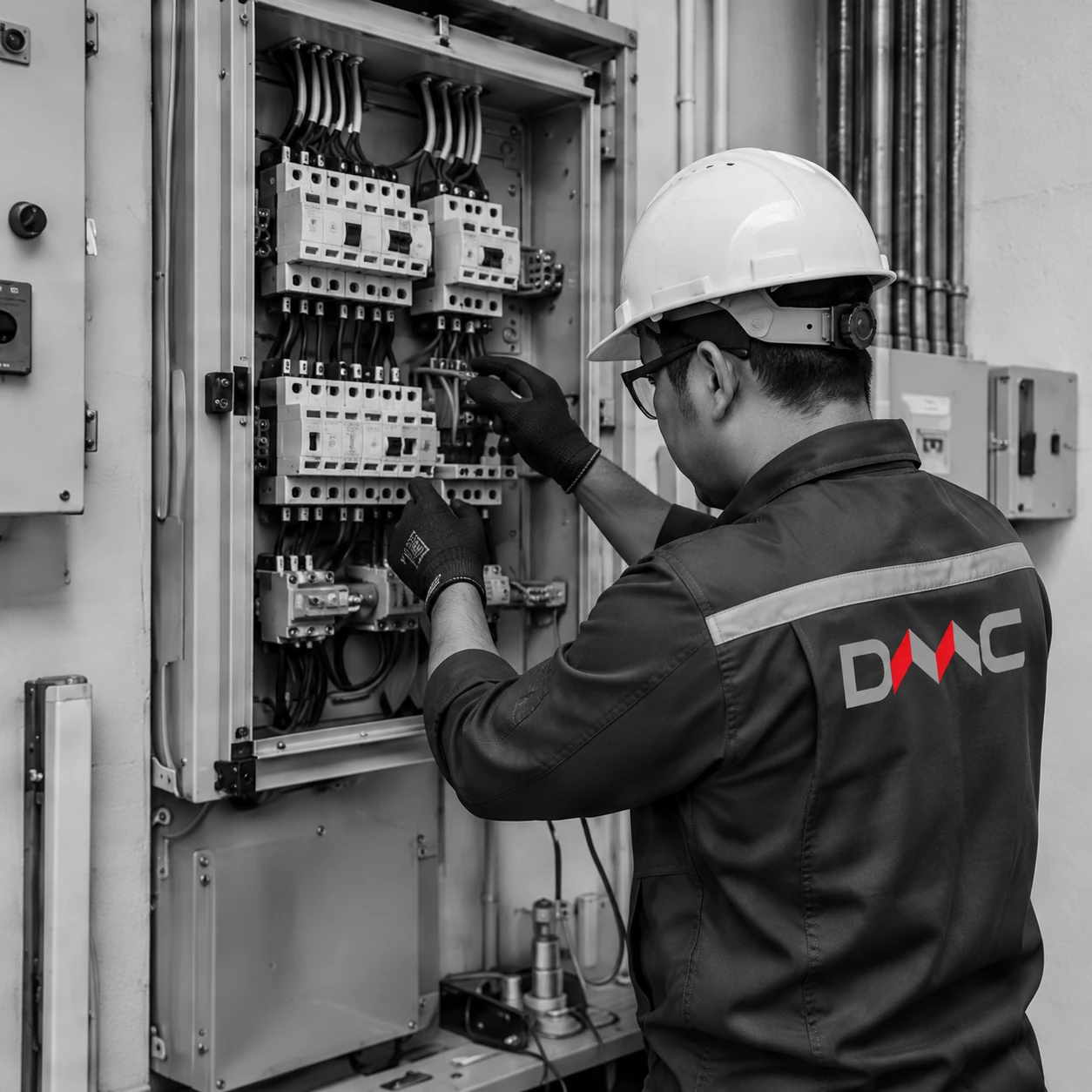 Illustration of a DMC electrician inspecting an electrical distribution panel